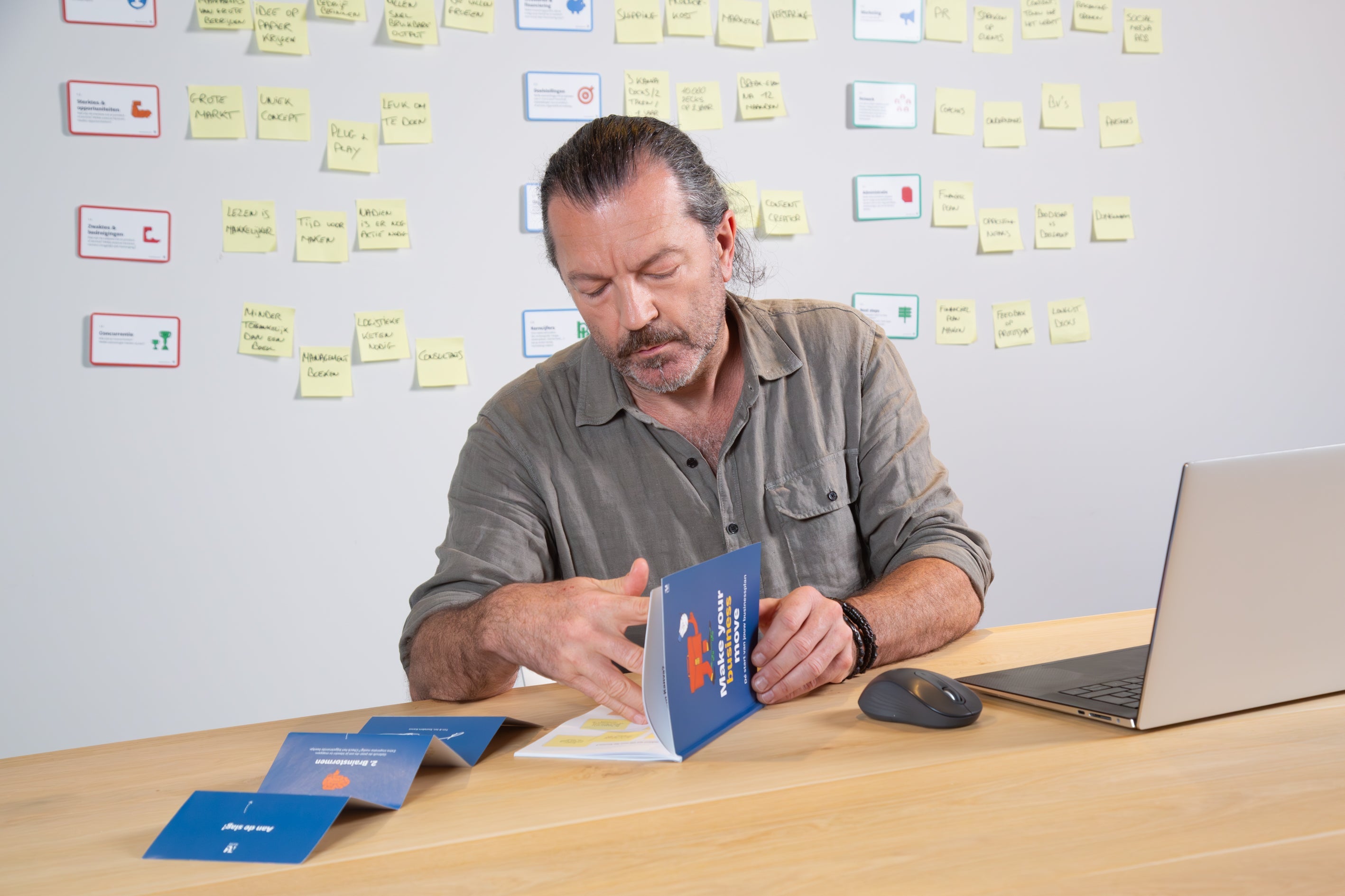 Entrepreneur working through the Business Strategy Plan Deck booklet at his desk