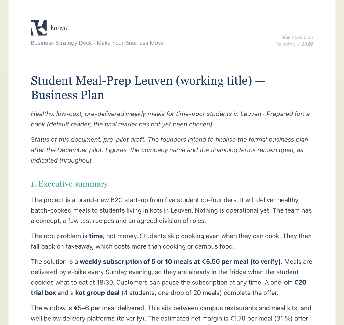 Example bank-ready business plan generated by the Kanva AI consultant (fictional session)