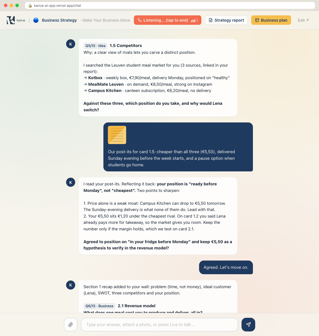 Live session with your Kanva AI consultant on card 1.5 Competitors (fictional example)